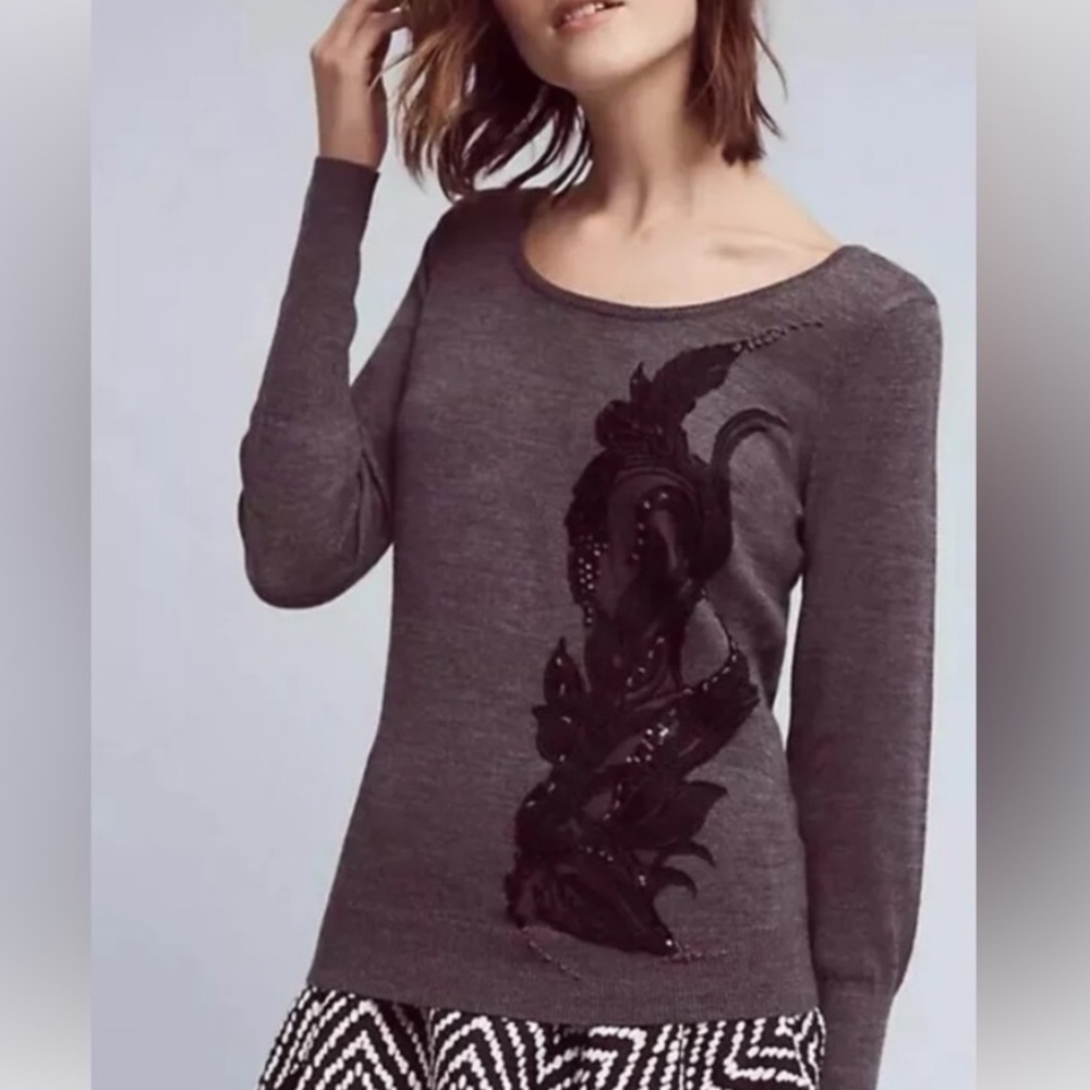 NWT ANGEL of the NORTH x ANTHROPOLOGIE The Torie Appliqué Charcoal Sweater SZ: M